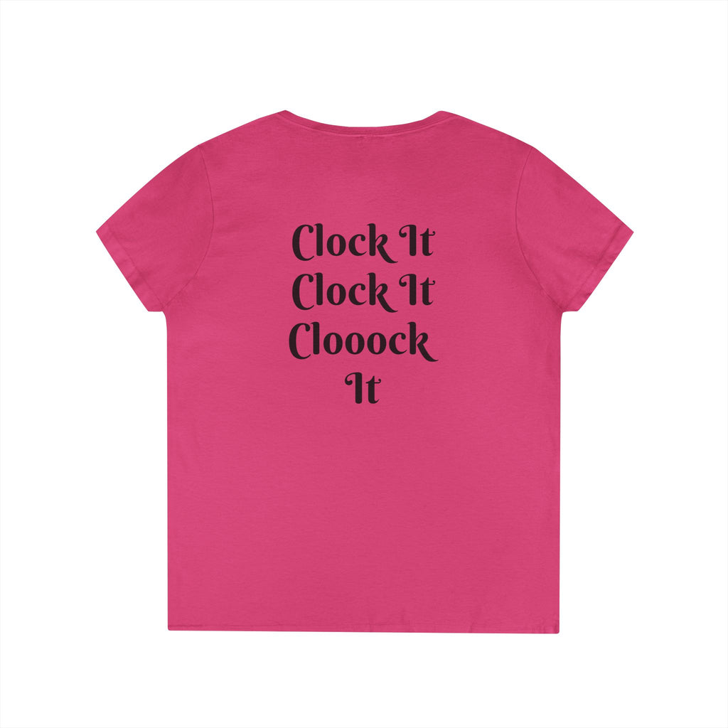 Ladies' V-Neck T-Shirt — “Clock That Tea” Graphic Tee with Glam Hand Illustration