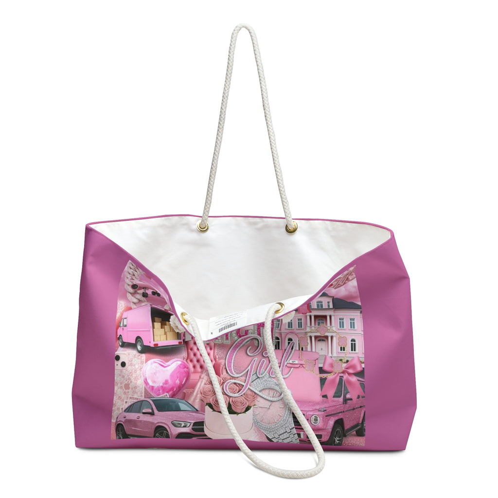 Weekender Bag — "100% Rich Girl" Pink Collage Travel Tote
