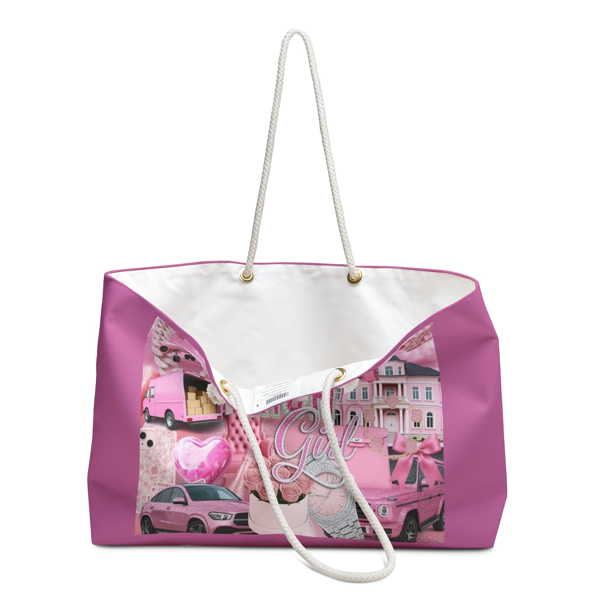 Weekender Bag — "100% Rich Girl" Pink Collage Travel Tote