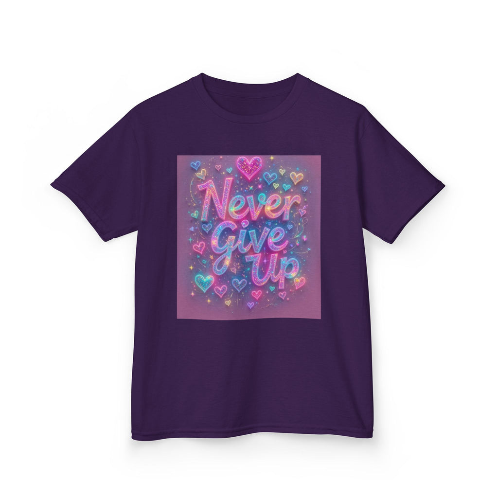 Kids Tee — "Never Give Up" Heart Rainbow Inspirational Shirt