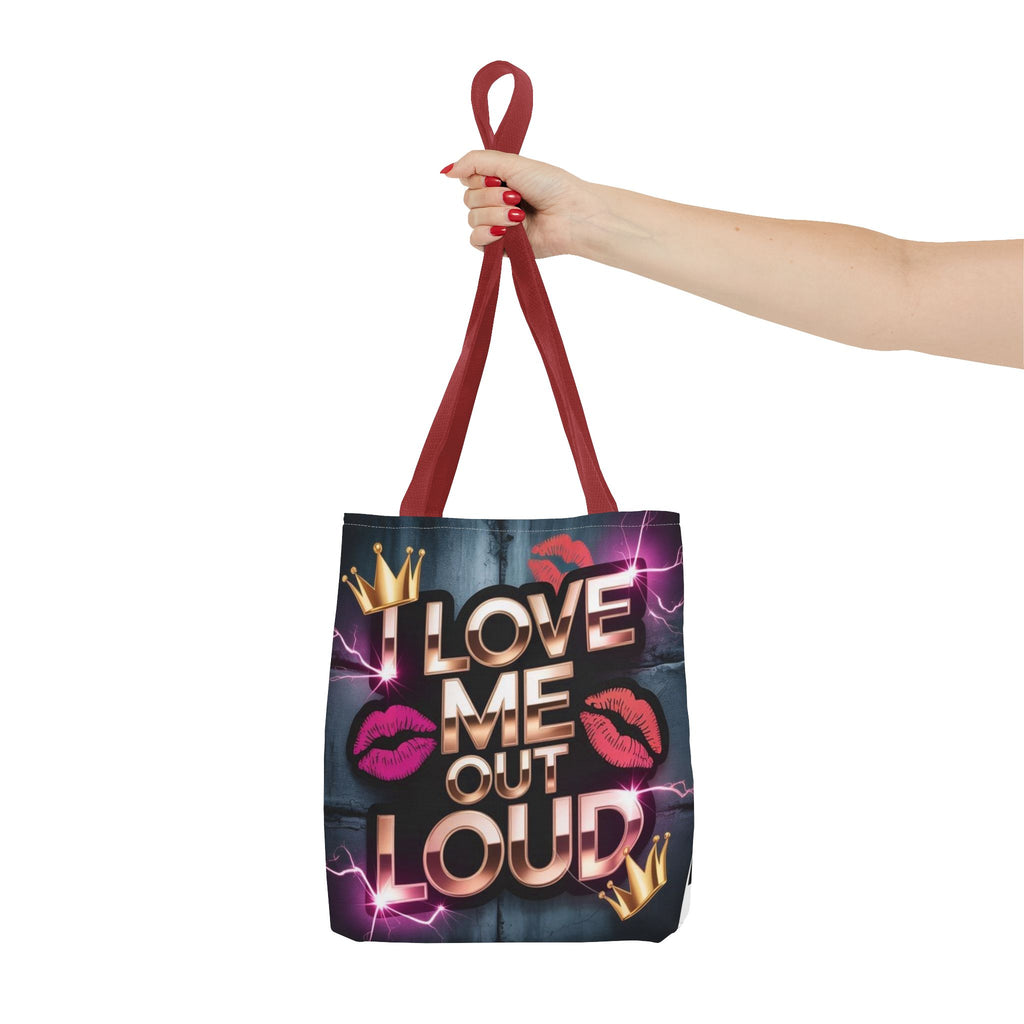 'I Love Me Out Loud' Statement Tote Bag – Self-Love Graphic AOP Tote