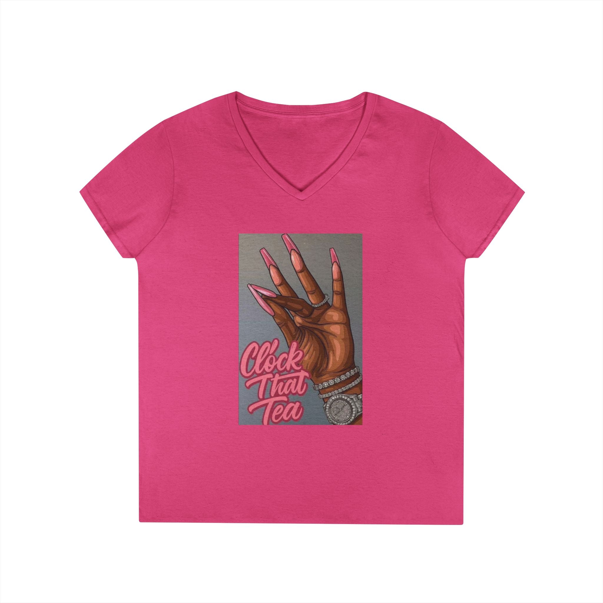 Ladies' V-Neck T-Shirt — “Clock That Tea” Graphic Tee with Glam Hand Illustration