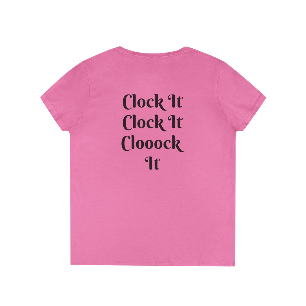Ladies' V-Neck T-Shirt — “Clock That Tea” Graphic Tee with Glam Hand Illustration