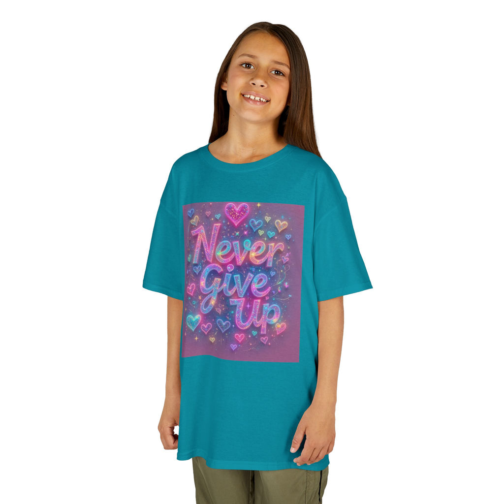 Kids Tee — "Never Give Up" Heart Rainbow Inspirational Shirt