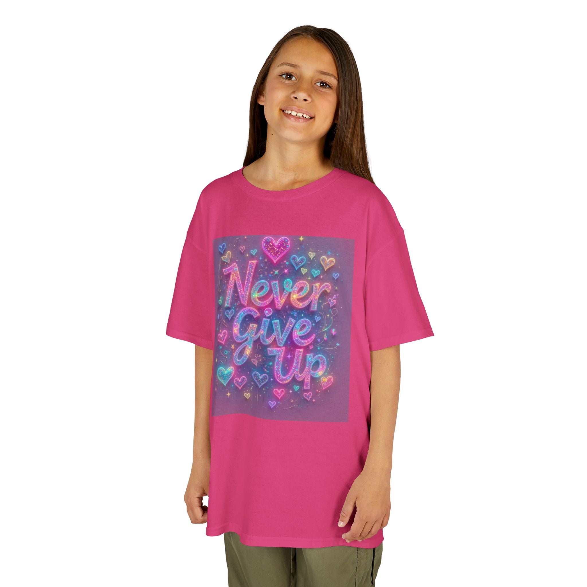 Kids Tee — "Never Give Up" Heart Rainbow Inspirational Shirt