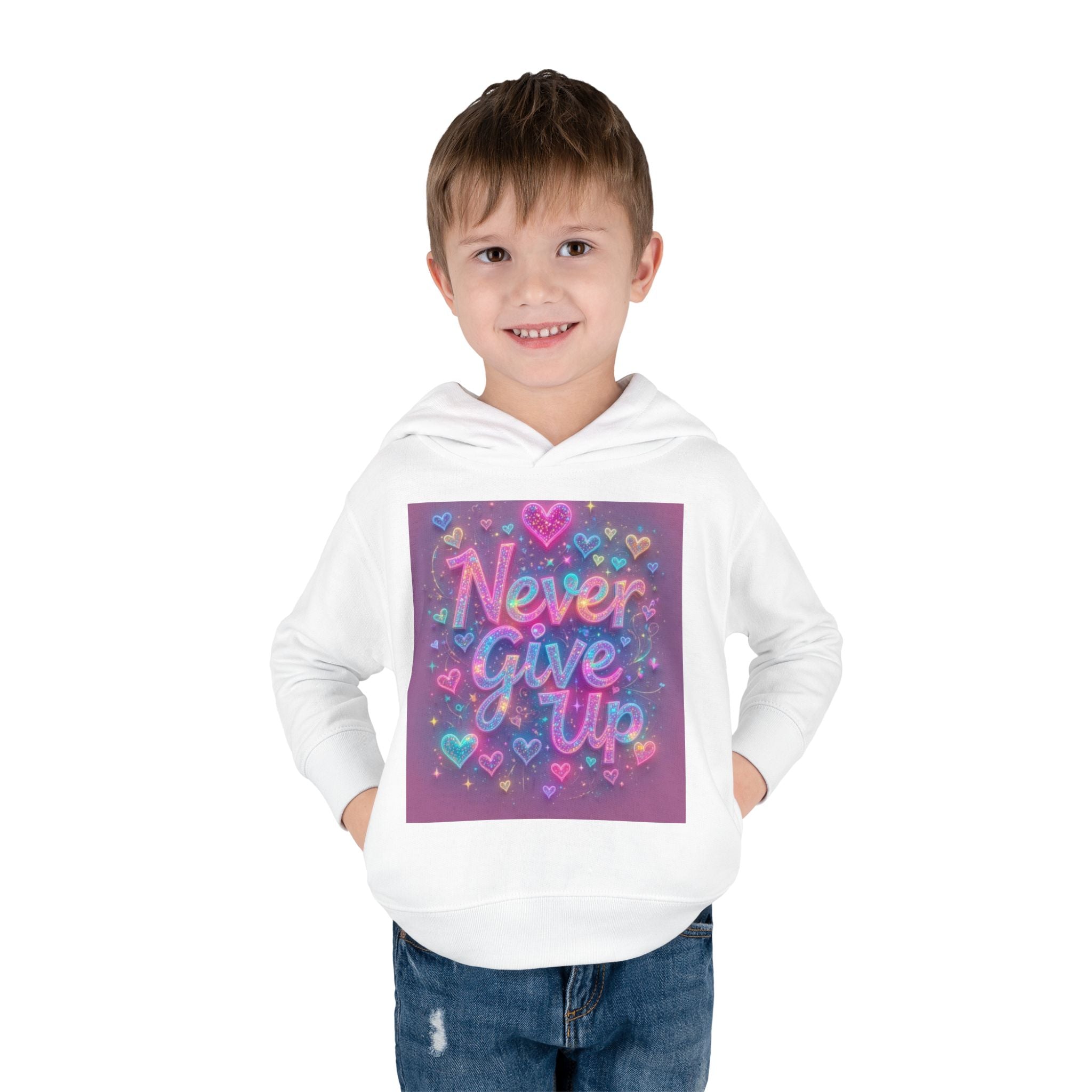 Toddler Hoodie — "Never Give Up" Inspirational Heart Print