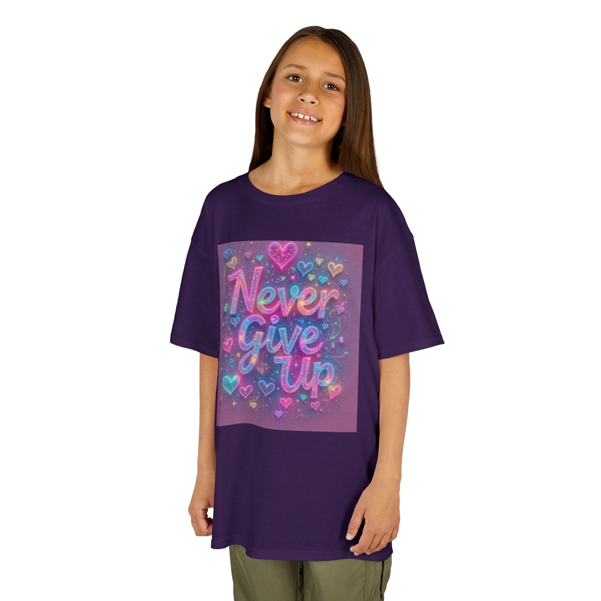 Kids Tee — "Never Give Up" Heart Rainbow Inspirational Shirt