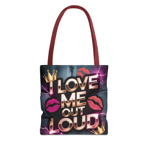 'I Love Me Out Loud' Statement Tote Bag – Self-Love Graphic AOP Tote