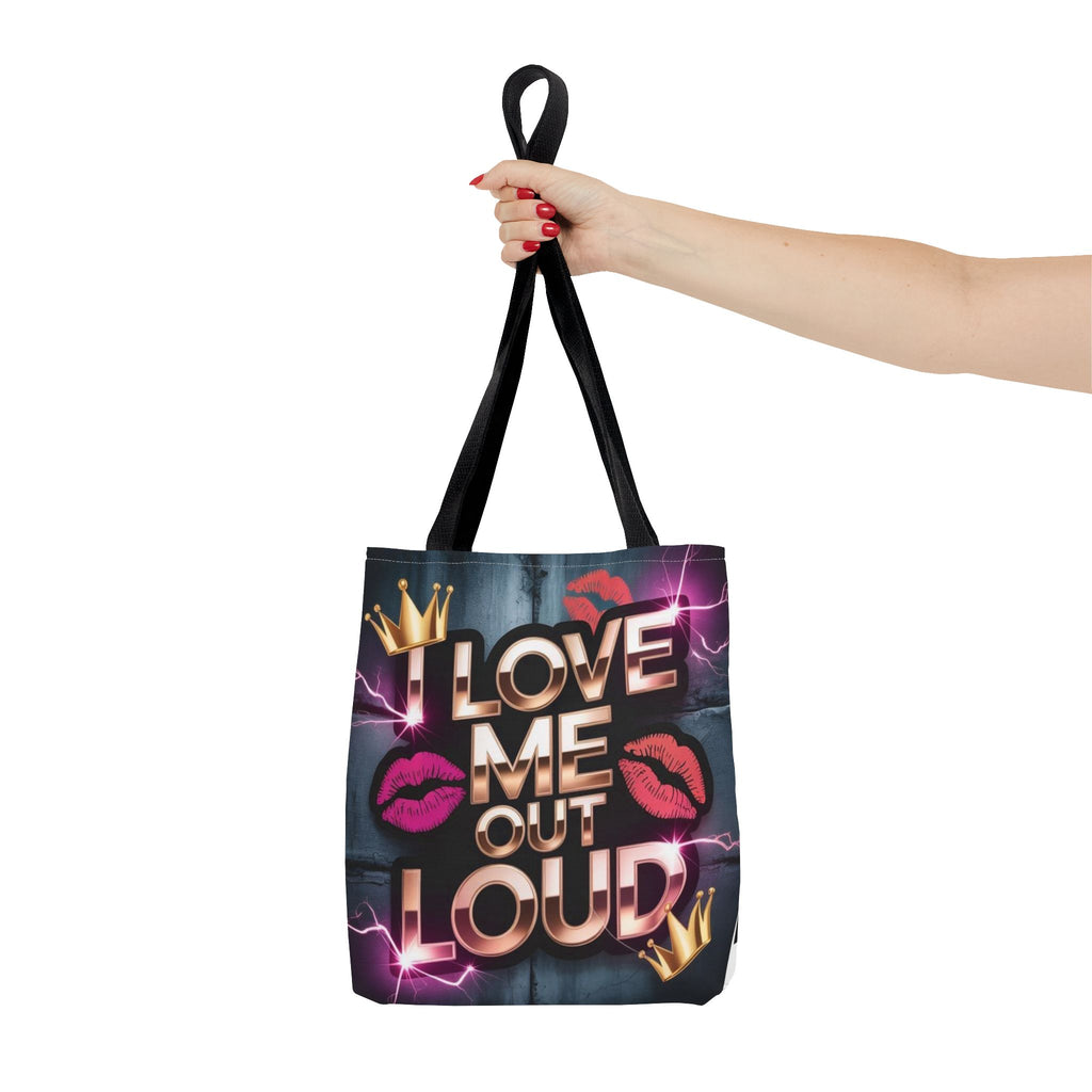 'I Love Me Out Loud' Statement Tote Bag – Self-Love Graphic AOP Tote