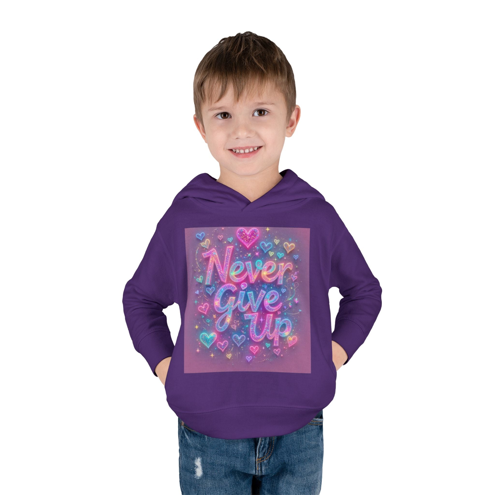 Toddler Hoodie — "Never Give Up" Inspirational Heart Print