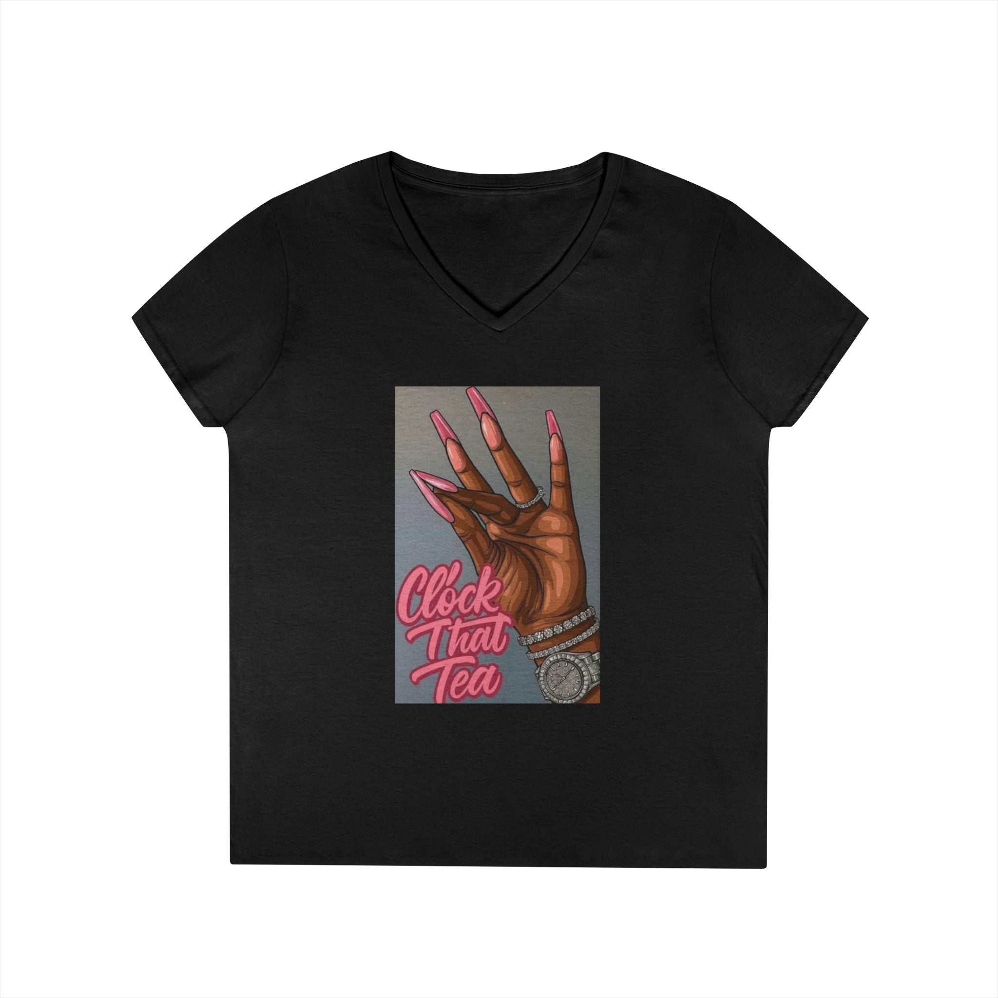 Ladies' V-Neck T-Shirt — “Clock That Tea” Graphic Tee with Glam Hand Illustration