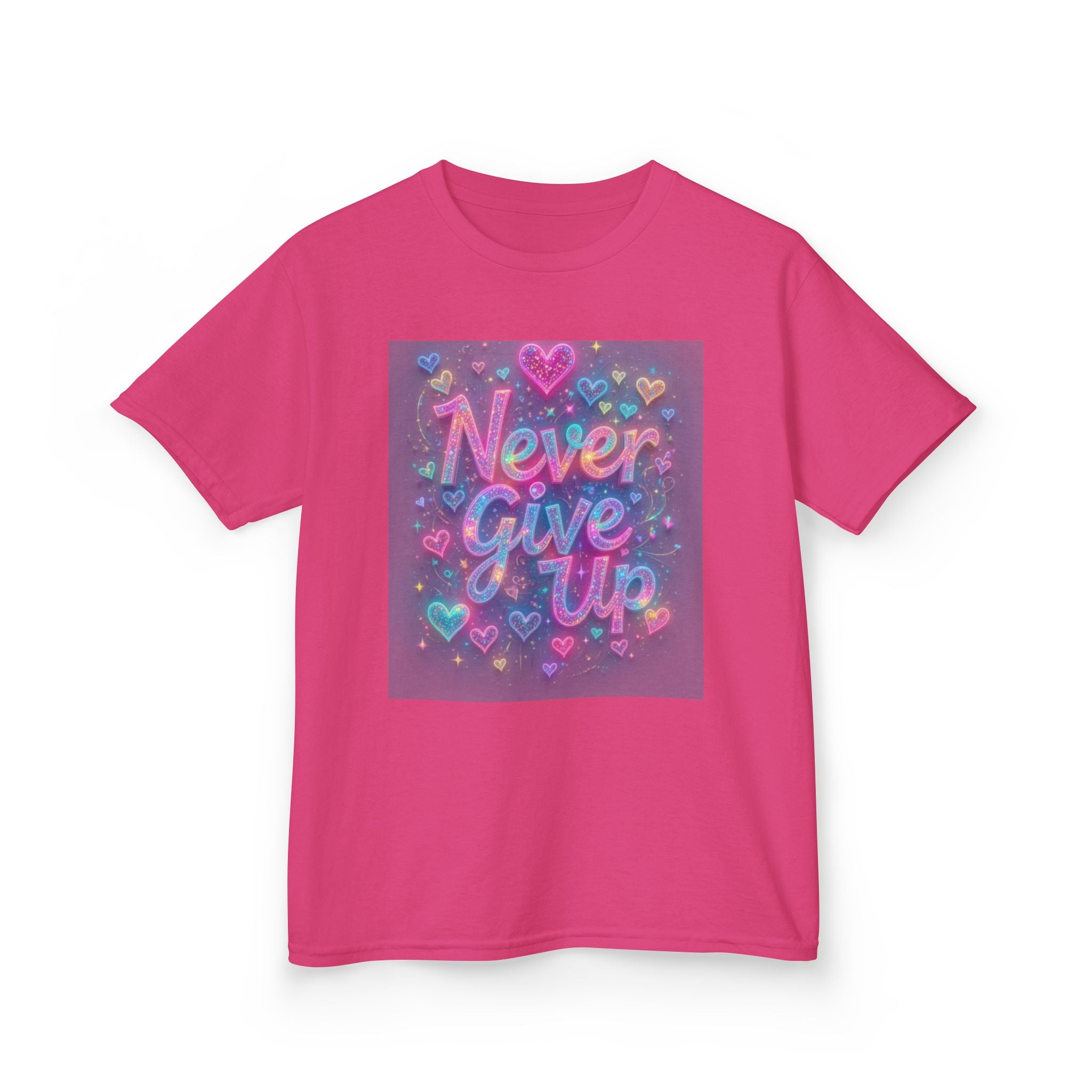 Kids Tee — "Never Give Up" Heart Rainbow Inspirational Shirt