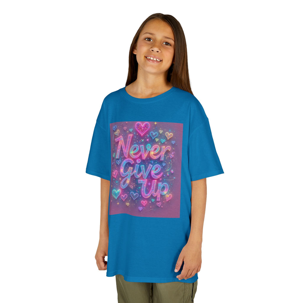 Kids Tee — "Never Give Up" Heart Rainbow Inspirational Shirt