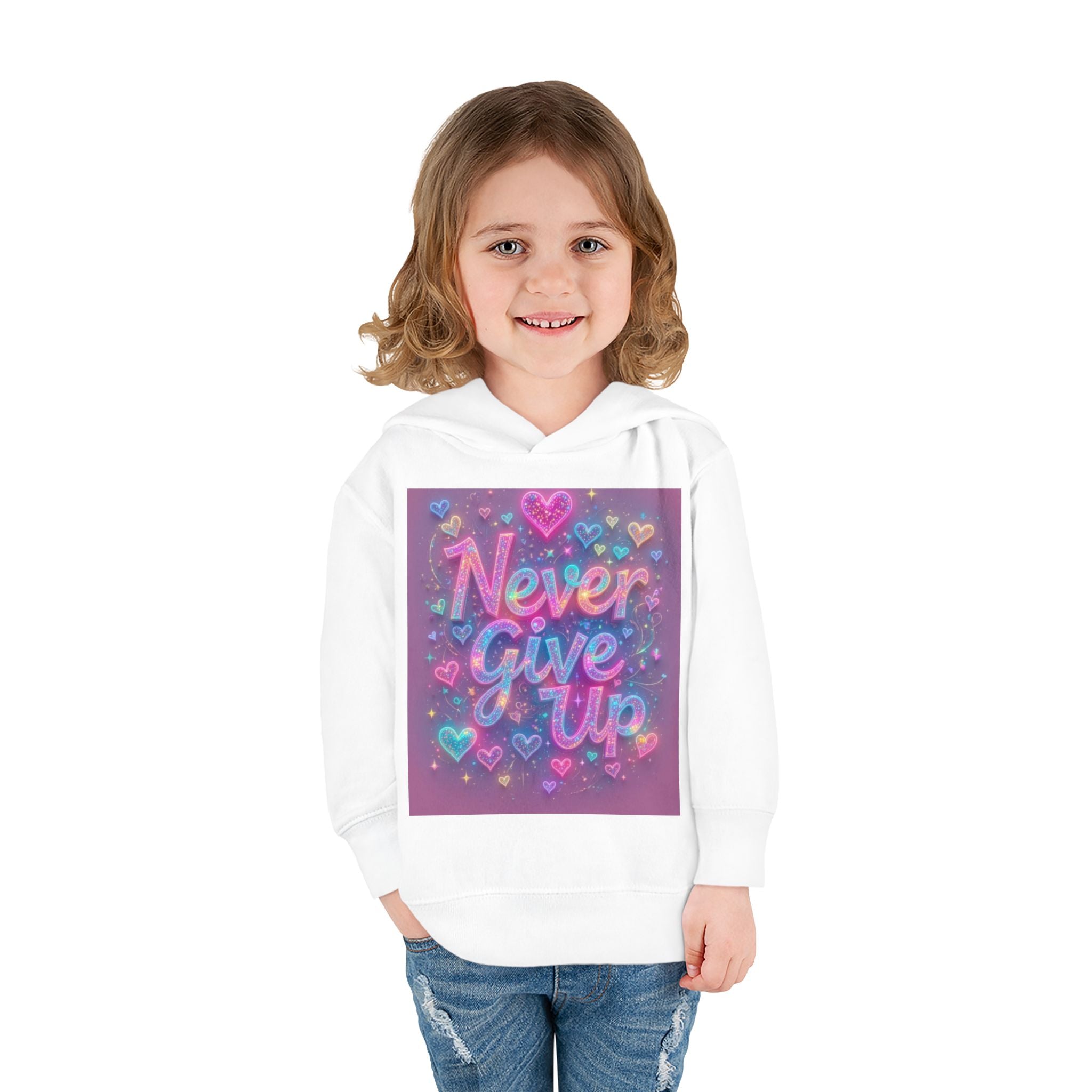 Toddler Hoodie — "Never Give Up" Inspirational Heart Print