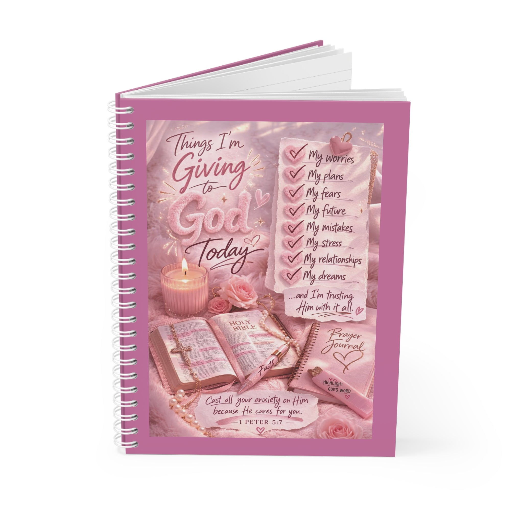 Spiral Notebook — "Things I'm Giving to God Today" Christian Prayer Journal, Pink Inspirational Notebook