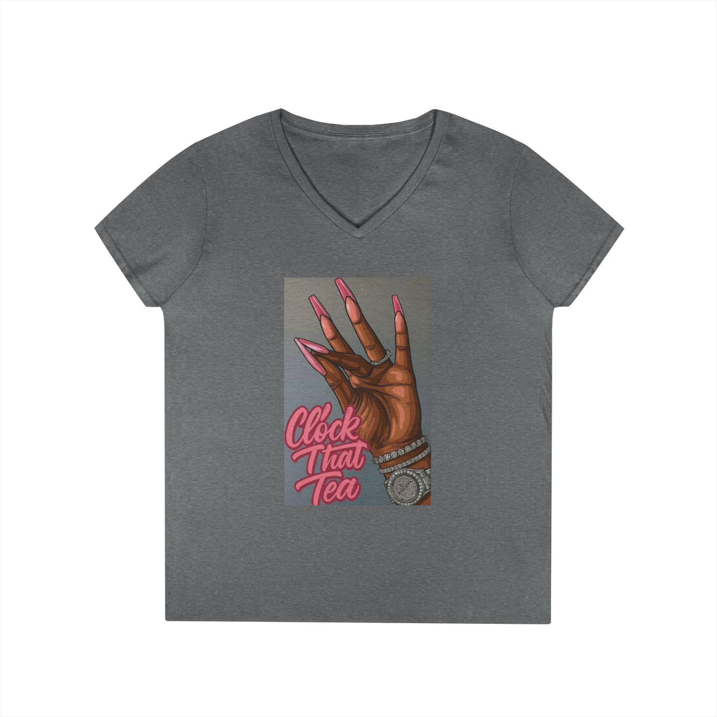 Ladies' V-Neck T-Shirt — “Clock That Tea” Graphic Tee with Glam Hand Illustration