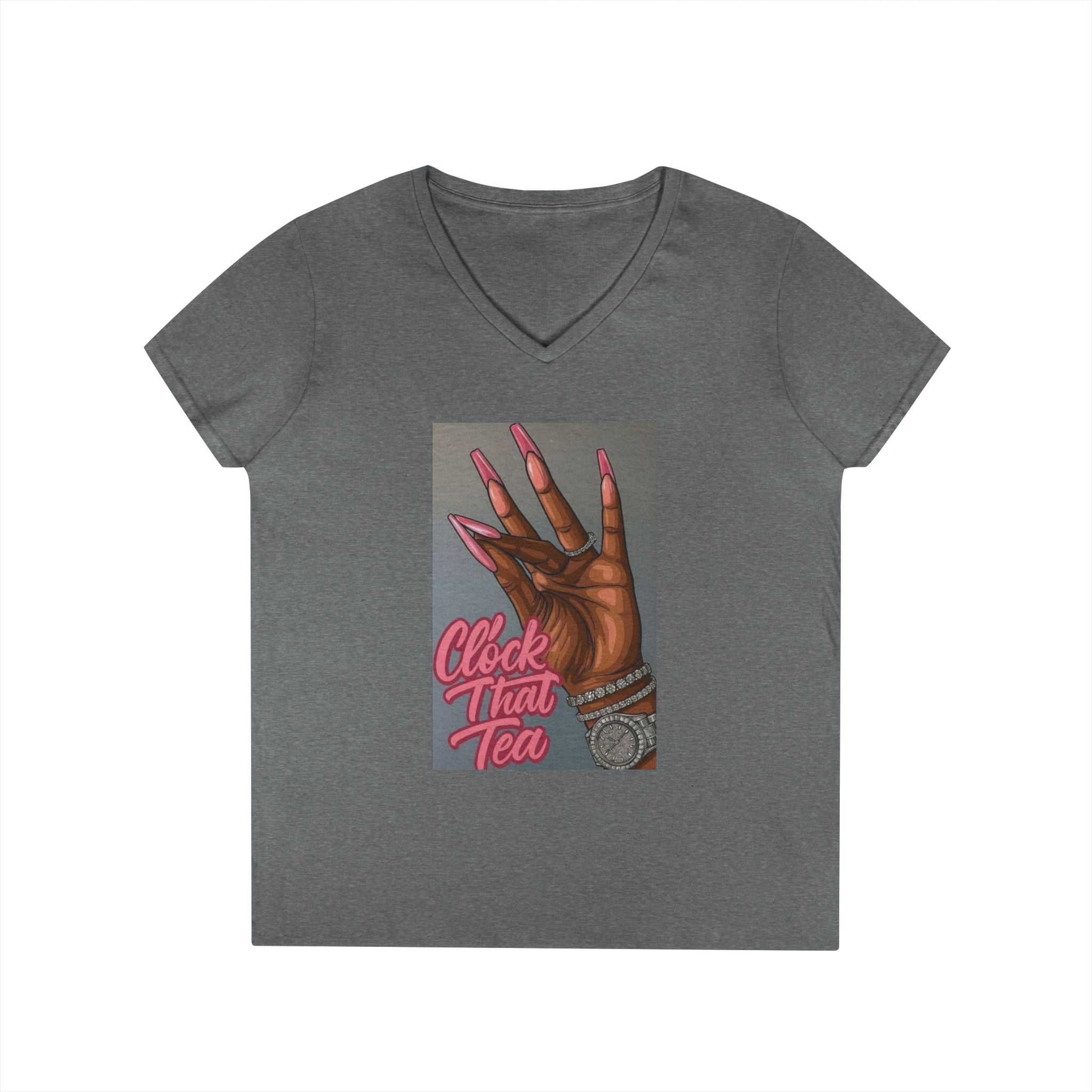 Ladies' V-Neck T-Shirt — “Clock That Tea” Graphic Tee with Glam Hand Illustration