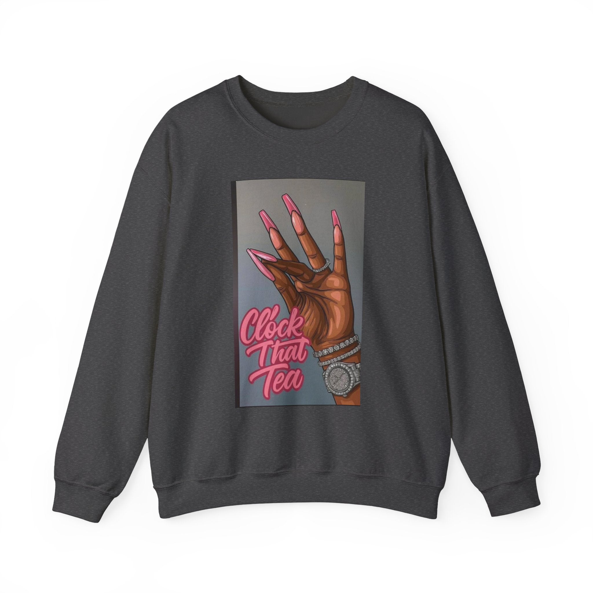 Crewneck Sweatshirt - 'Spill That Tea' Graphic with Hand & Pink Nails