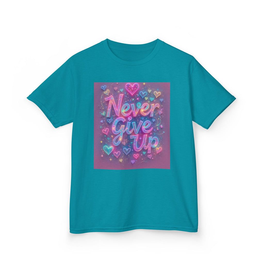 Kids Tee — "Never Give Up" Heart Rainbow Inspirational Shirt