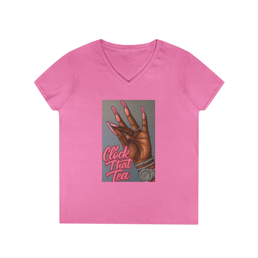 Ladies' V-Neck T-Shirt — “Clock That Tea” Graphic Tee with Glam Hand Illustration