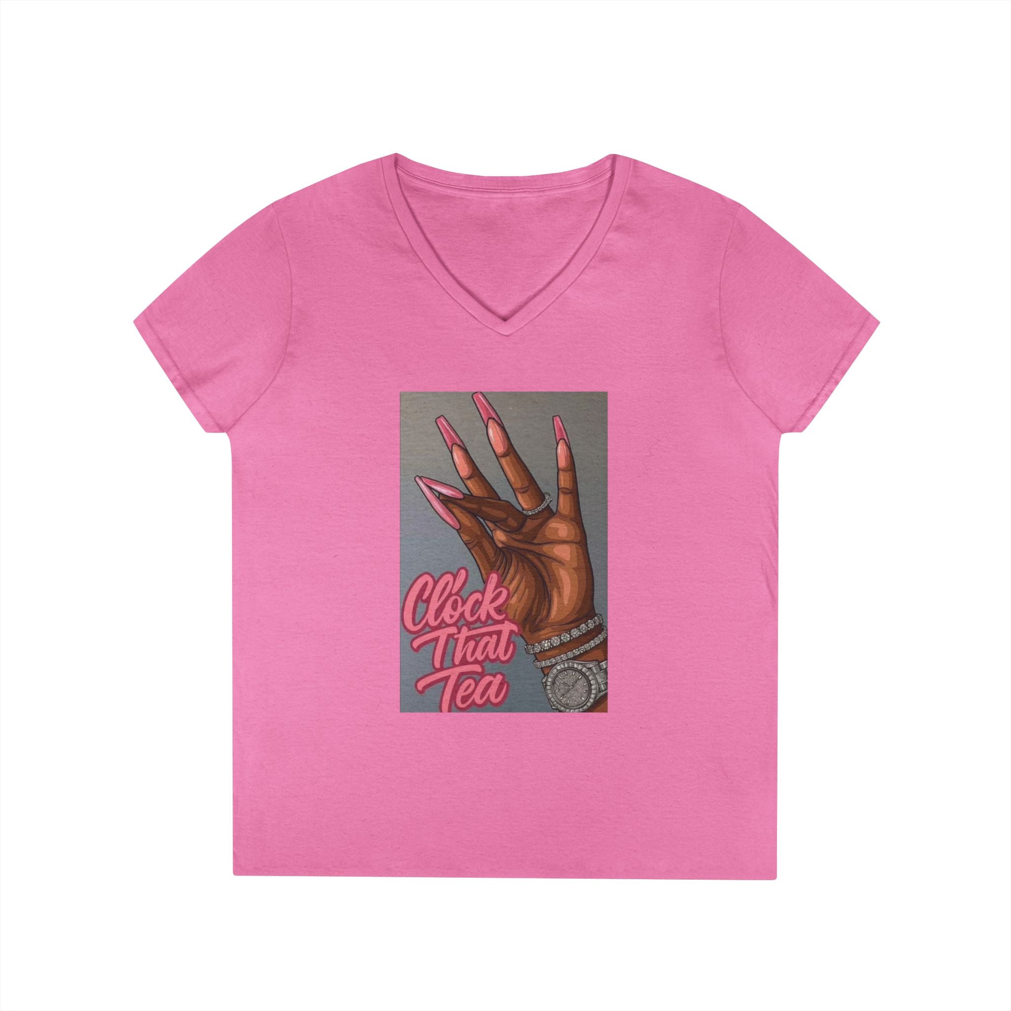 Ladies' V-Neck T-Shirt — “Clock That Tea” Graphic Tee with Glam Hand Illustration