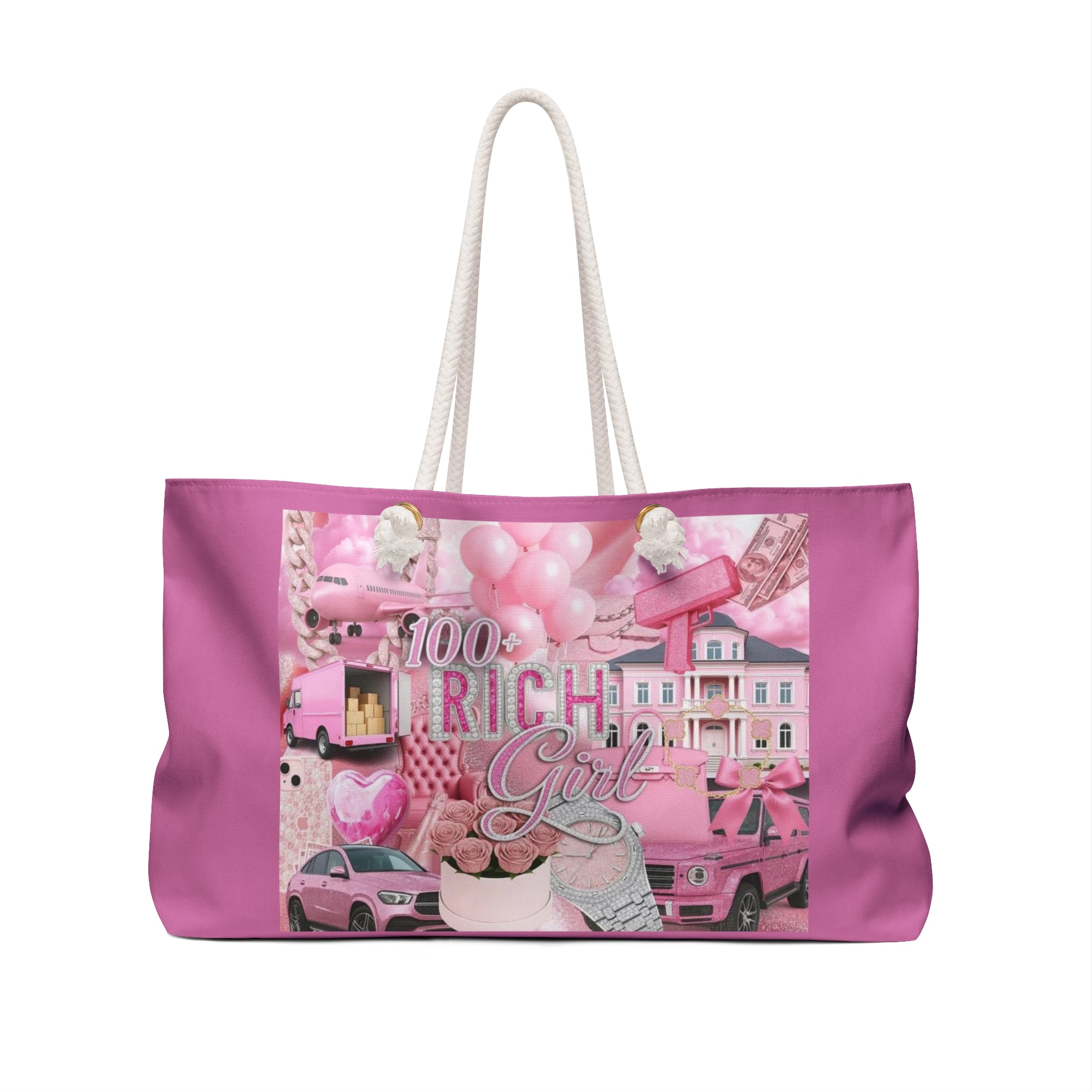 Weekender Bag — "100% Rich Girl" Pink Collage Travel Tote