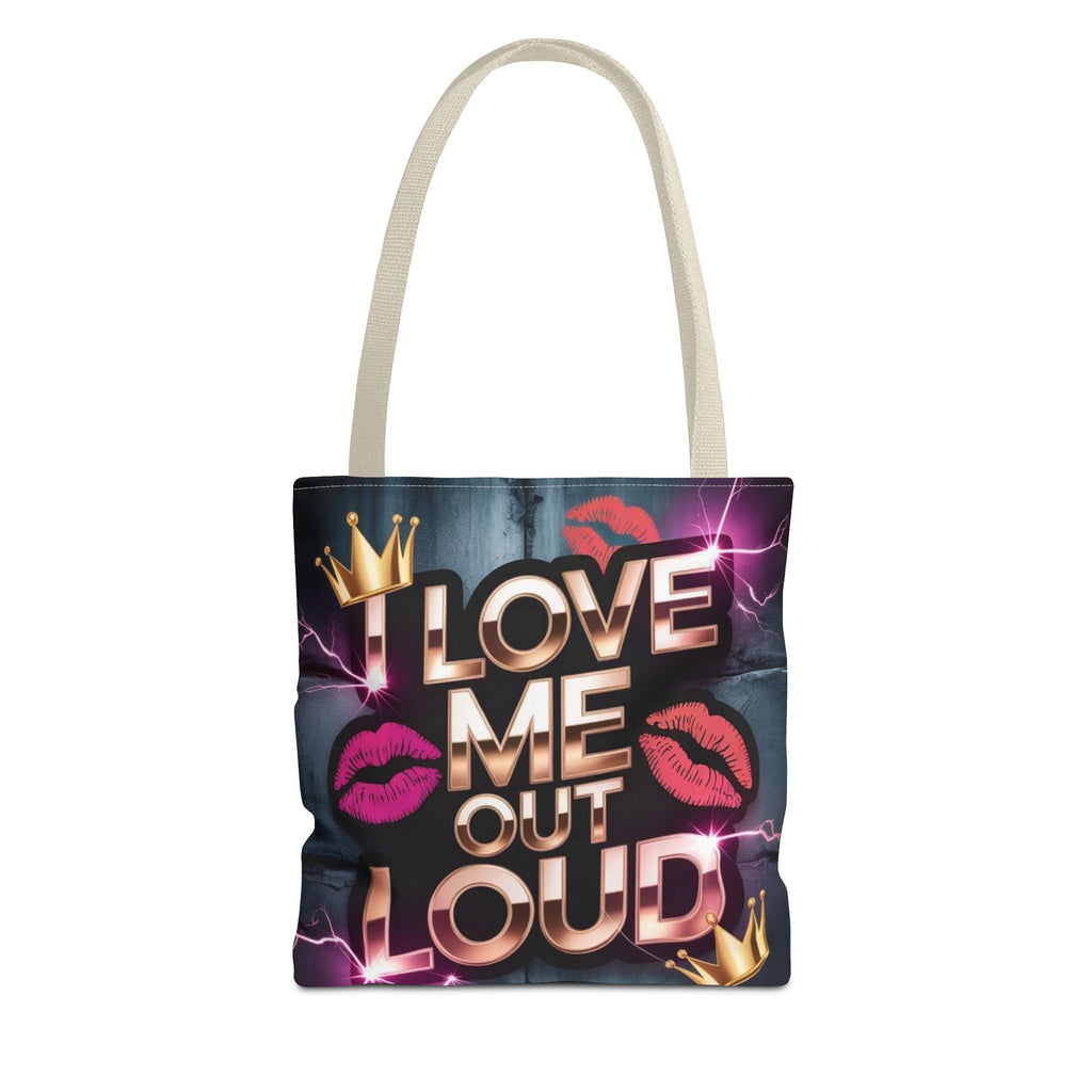 'I Love Me Out Loud' Statement Tote Bag – Self-Love Graphic AOP Tote