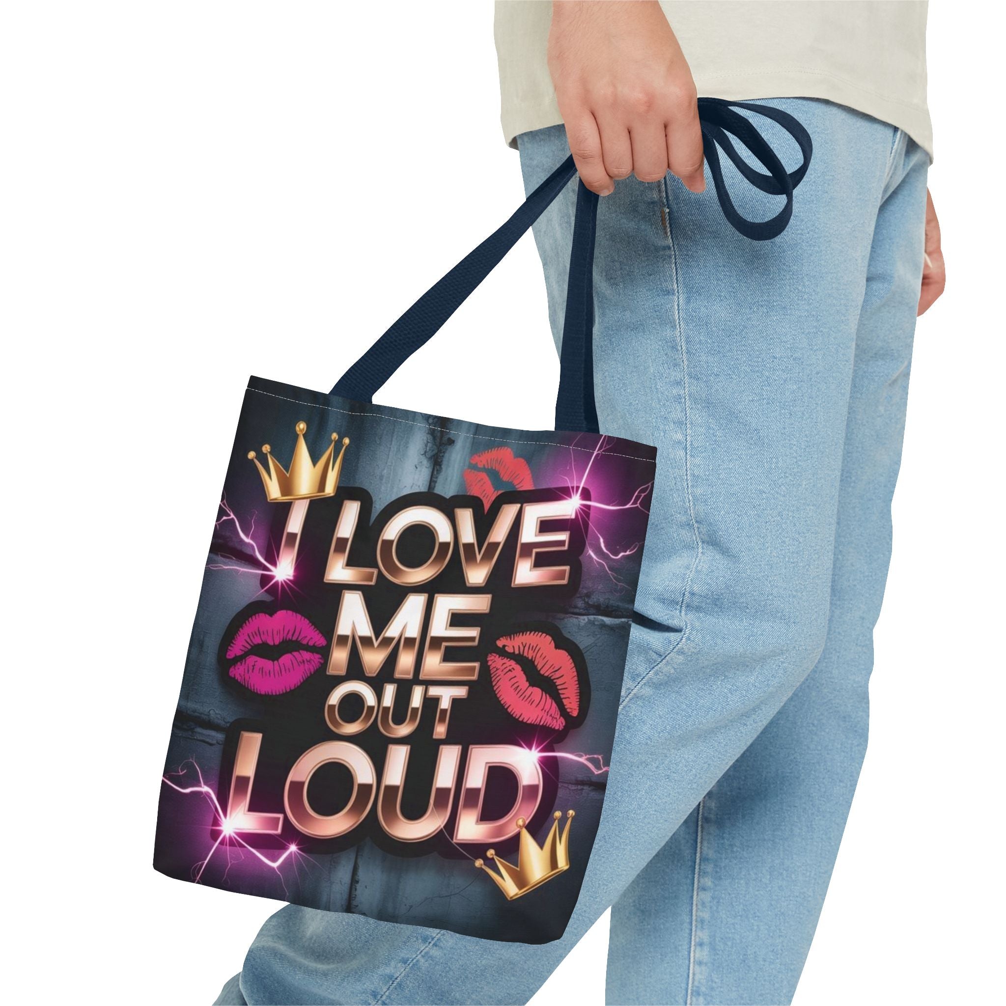 'I Love Me Out Loud' Statement Tote Bag – Self-Love Graphic AOP Tote