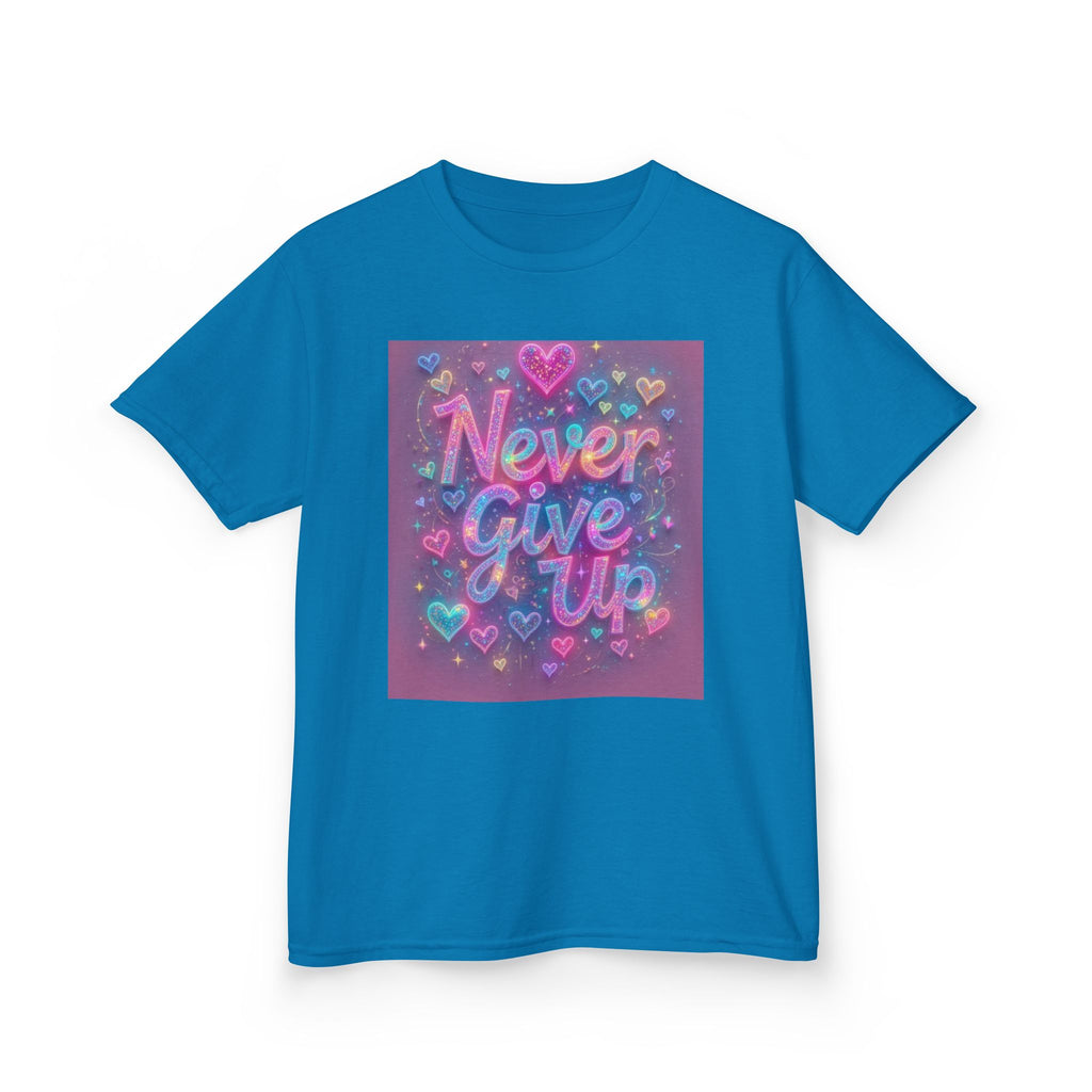 Kids Tee — "Never Give Up" Heart Rainbow Inspirational Shirt